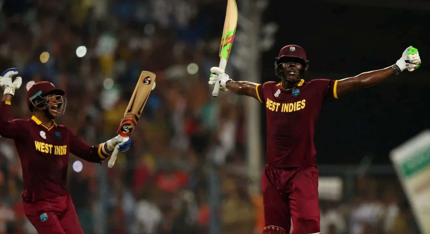 Carlos Brathwaite celebrates after winning the 2016 T20 World Cup.