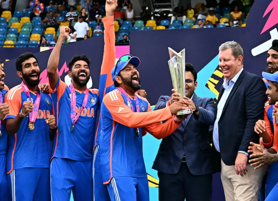 Rohit Sharma lifting the T20 World Cup 2024 Trophy.