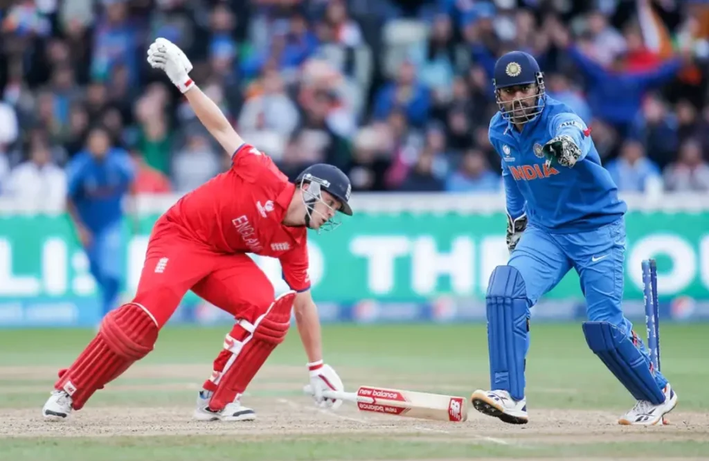 MS Dhoni appealing after stumping Jonathan Trott in the Finals.