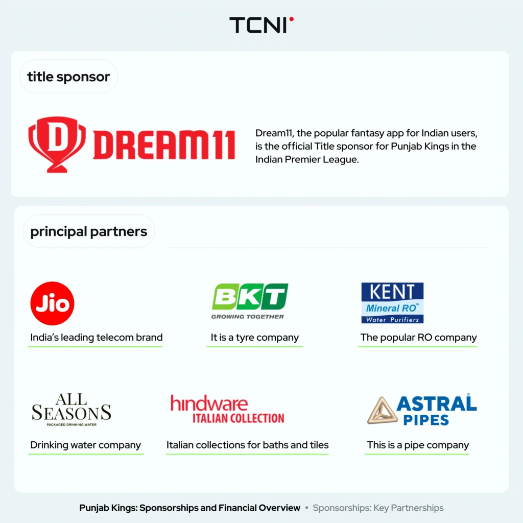 Various companies have worked with Punjab Kings as their principal partners.