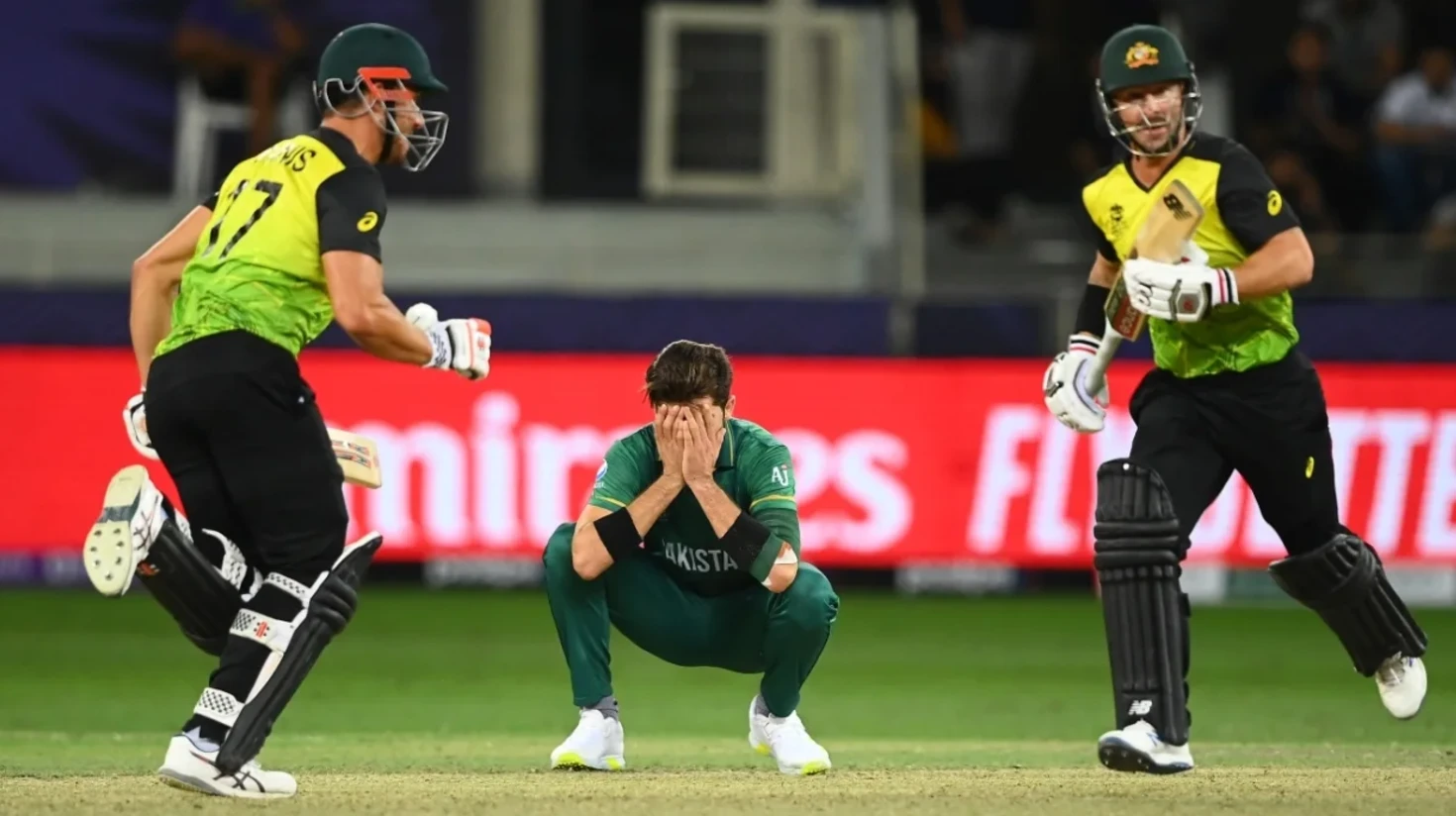 Matthew Wade and Marcus Stoinis stealing a run during the 2021 T20 World Cup Semi-Finals.