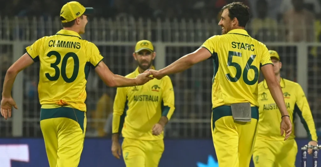 Australian players celebrate after dismissing Keshav Maharaj.