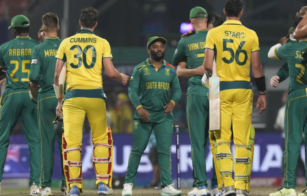 Pat Cummins and Mitchell Starc shaking hands with South African players after the match.