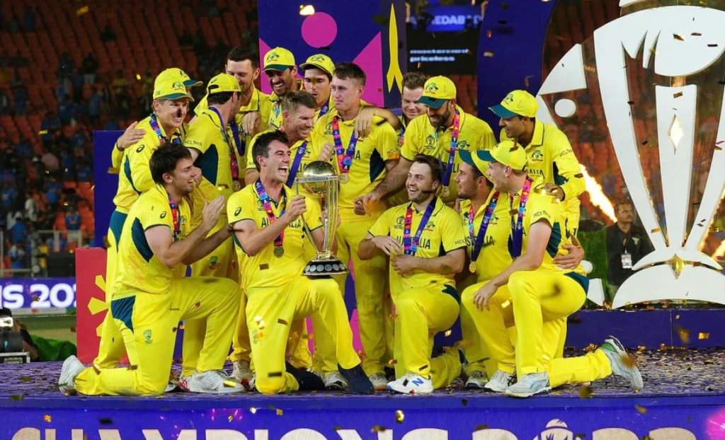 Australian team with the 2023 ODI World Cup Trophy.