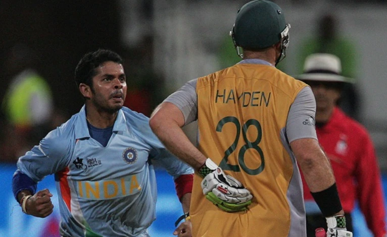 Sreesanth celebrating after dismissing Matthew Hayden for 62 runs off 47 balls.