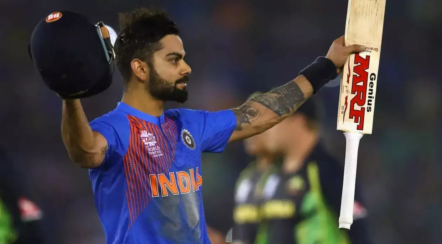 Virat Kohli celebrates after scoring 82* off 51 balls against Australia.