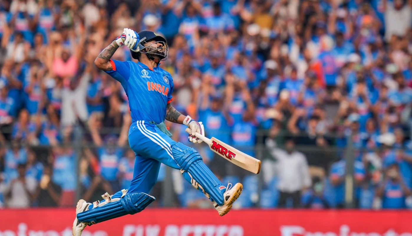 Virat Kohli celebrates after scoring his 50th ODI Century.