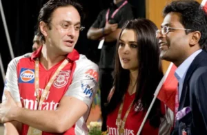 Preity Zinta and Ness Wadia with Lalit Modi during an IPL Match.
