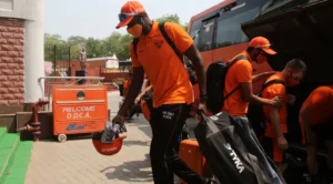 Sunrisers Hyderabad entering a practice session by wearing Masks during the IPL 2021.