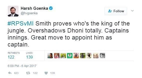 Harsh Goenka’s deleted Tweet praising Smith’s knock.