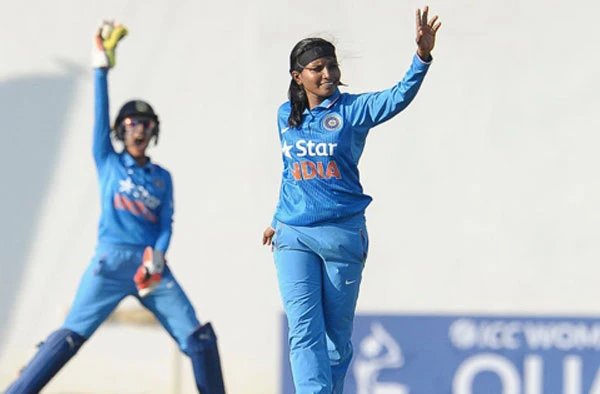Rajeshwari Gayakwad after taking the wicket.