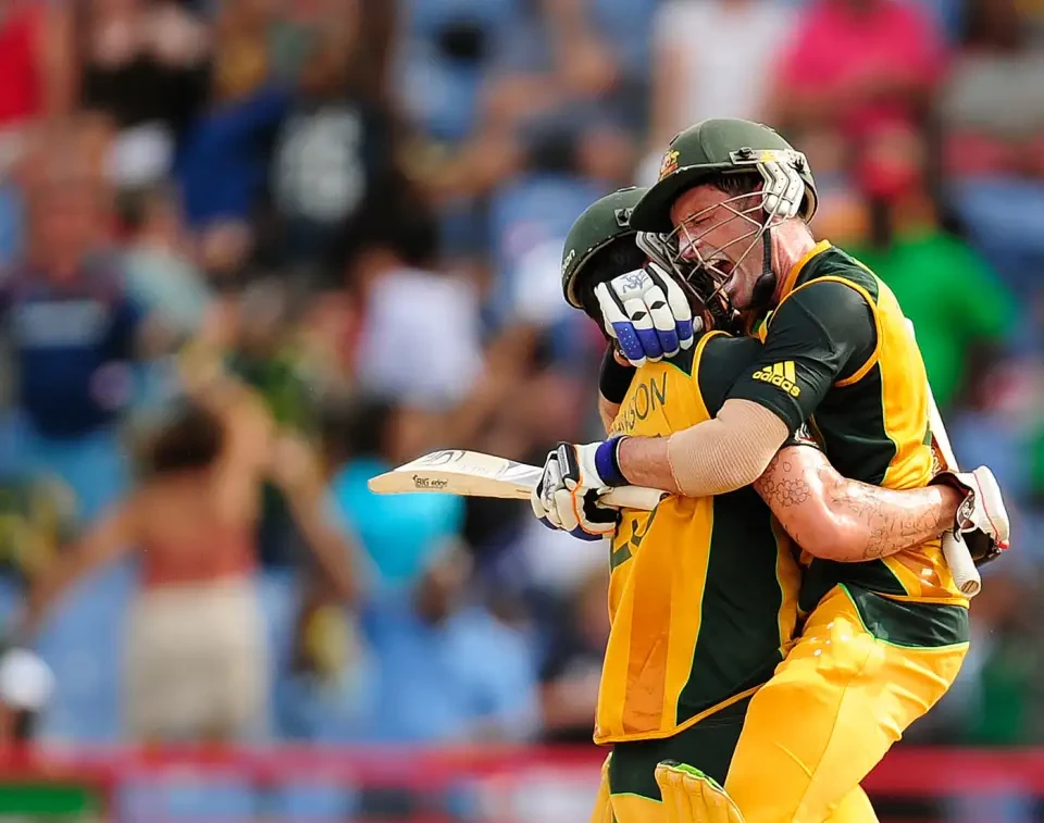 Michael Hussey and Mitchell Johnson after the win.