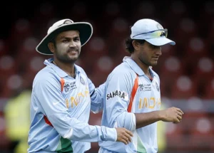 Virender Sehwag and Sourav Ganguly playing for the Indian team.