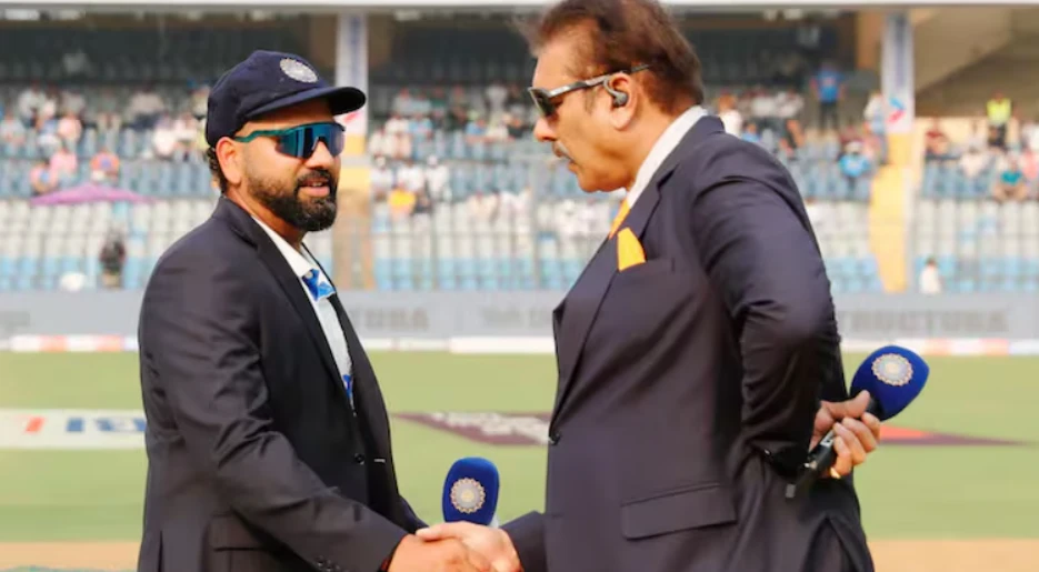Rohit Sharma with Ravi Shastri at the toss before a Test match.