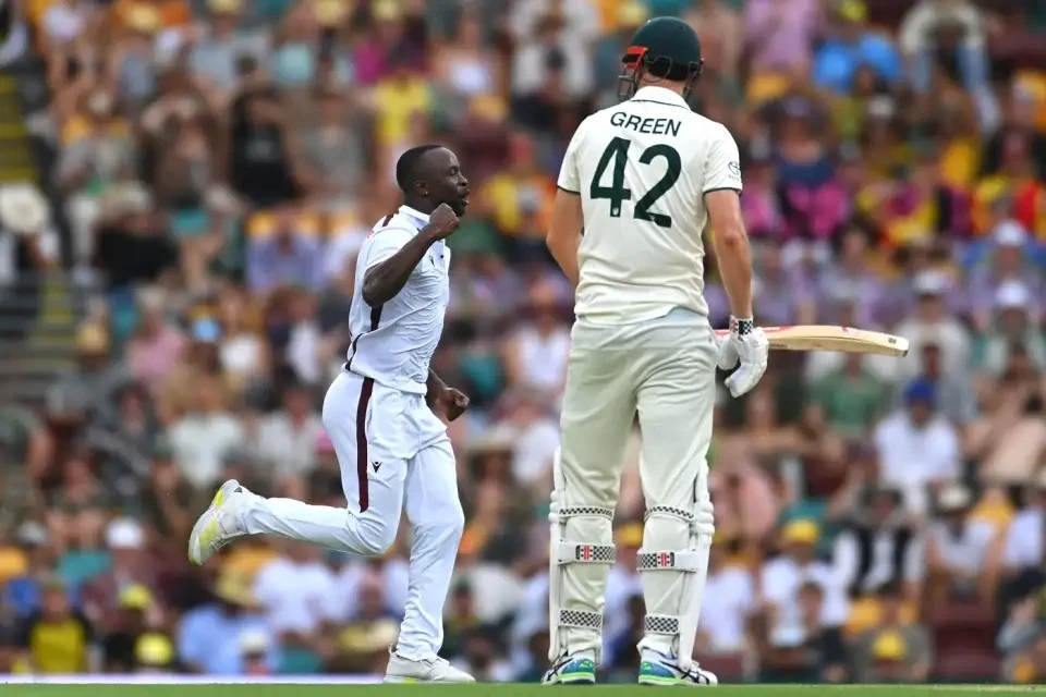 Kemar Roach celebrates dismissing Cameron Green.