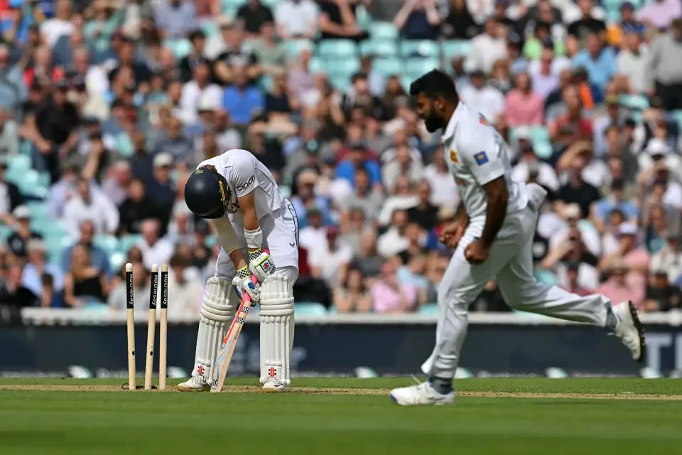 Ollie Pope chopped on in Lahiru Kumara's first over.