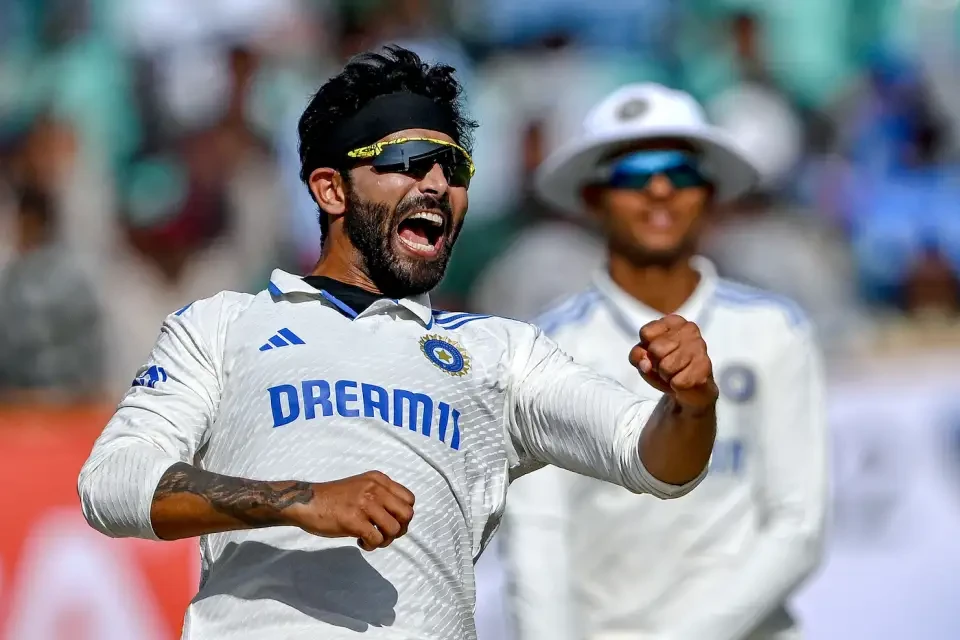 Ravindra Jadeja celebrates after taking the wicket.