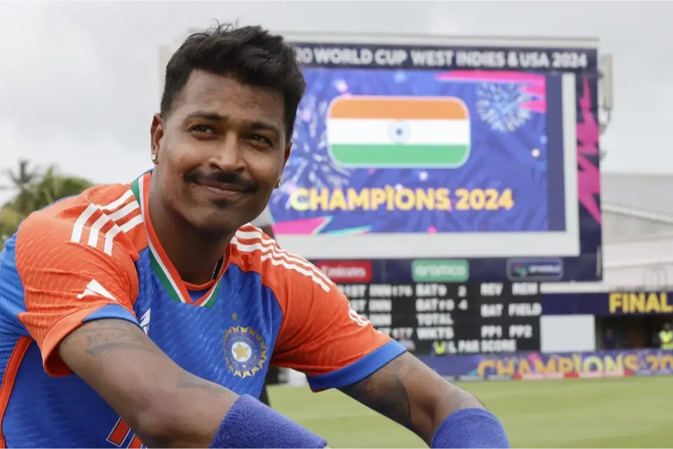 Hardik Pandya on the cricket field during the 2024 World Cup final.