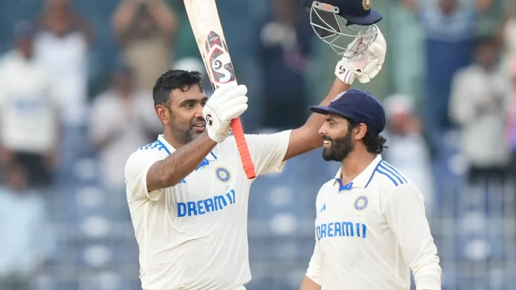 Ravichandran Ashwin celebrates with Ravindra Jadeja after bringing up his century.