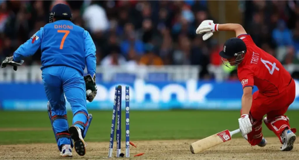 Jonathan Trott was stumped by MS Dhoni for 20 runs.