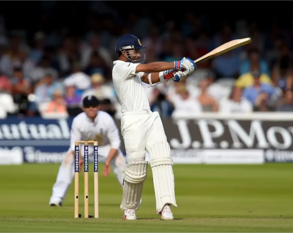 Ajinkya Rahane bats during the match between England and India.