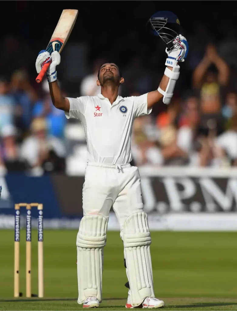 Ajinkya Rahane celebrates his first test ton in England.