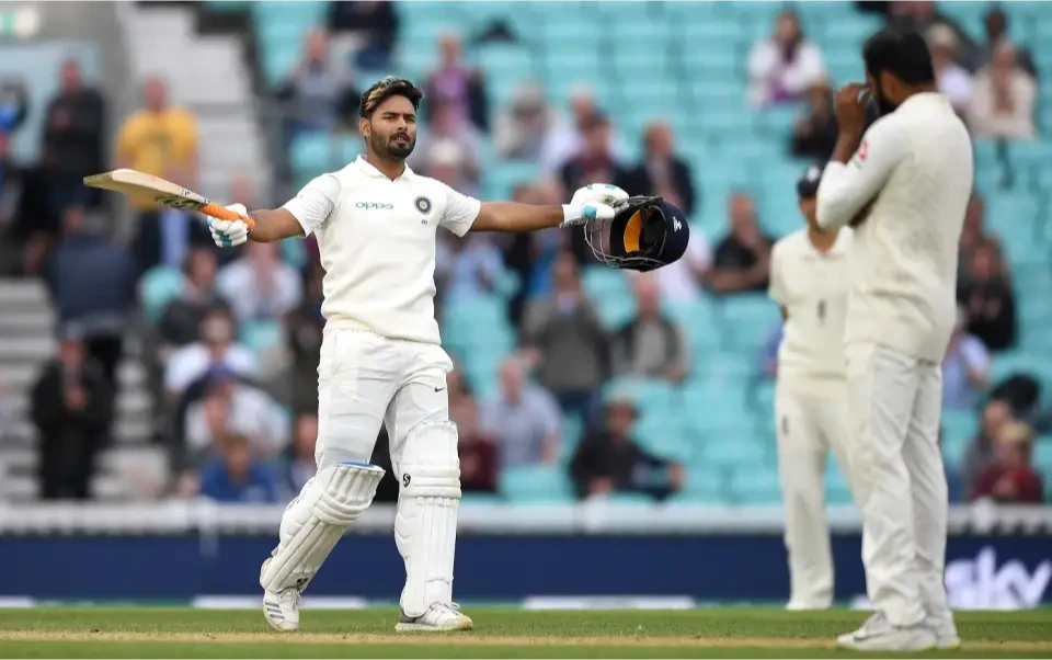 Rishabh Pant celebrates his first Test century.