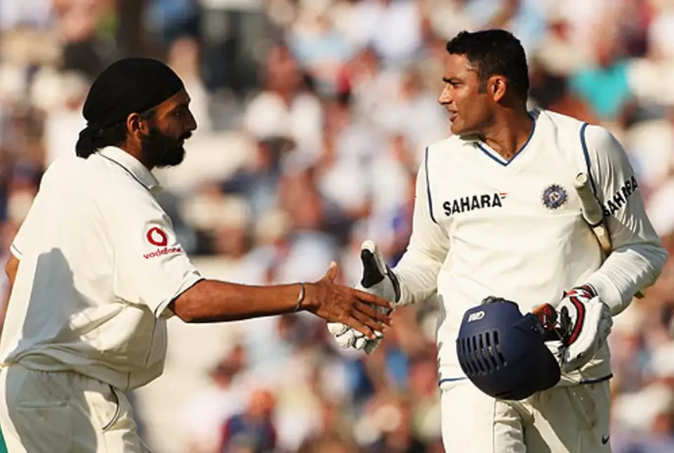 Monty Panesar congratulates Anil Kumble.