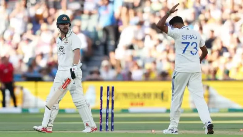 Mohammed Siraj celebrates towards Travis Head.