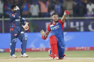 Ashutosh Sharma celebrates as DC defeats LSG in a thriller.
