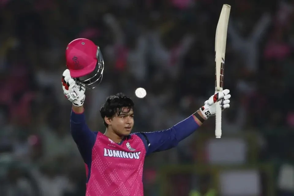 Vaibhav Suryavanshi celebrating after his maiden IPL century.