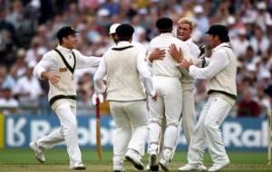 Shane Warne celebrates after dismissing Mike Gatting with “Ball of the Century”.