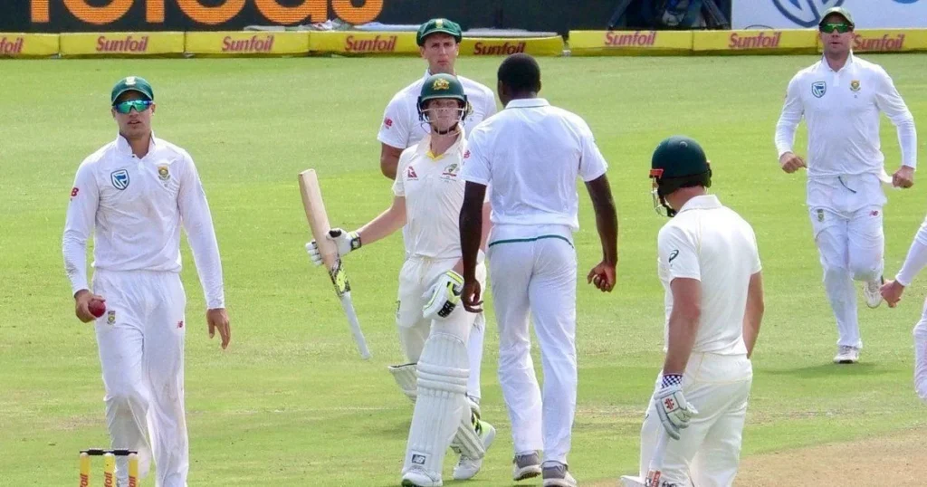 Kagiso Rabada with an aggressive celebration in front of Steven Smith.