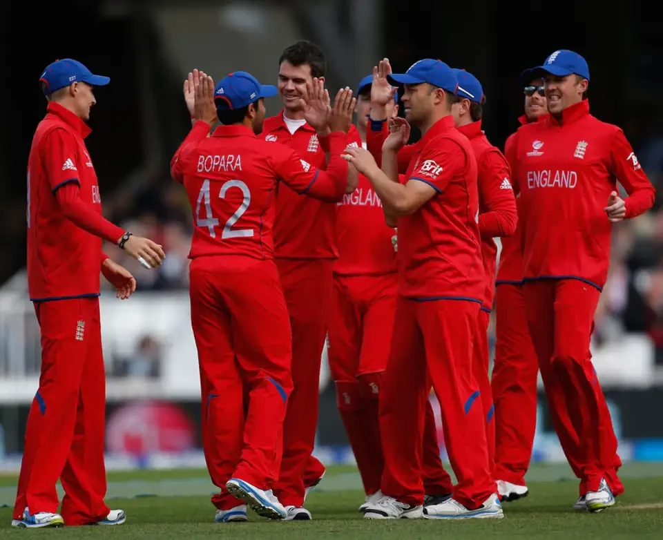 James Anderson celebrates after taking a wicket.