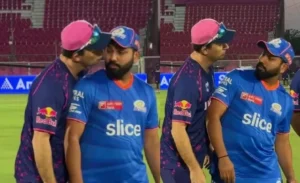 Shane Bond greeting Rohit Sharma before the MI vs RR match.