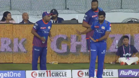 Bumrah tells Jayawardene to calm down.