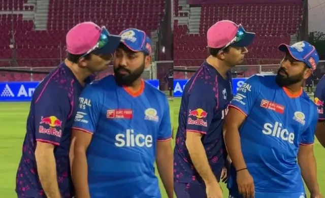 Shane Bond greeting Rohit Sharma before the MI vs RR match.