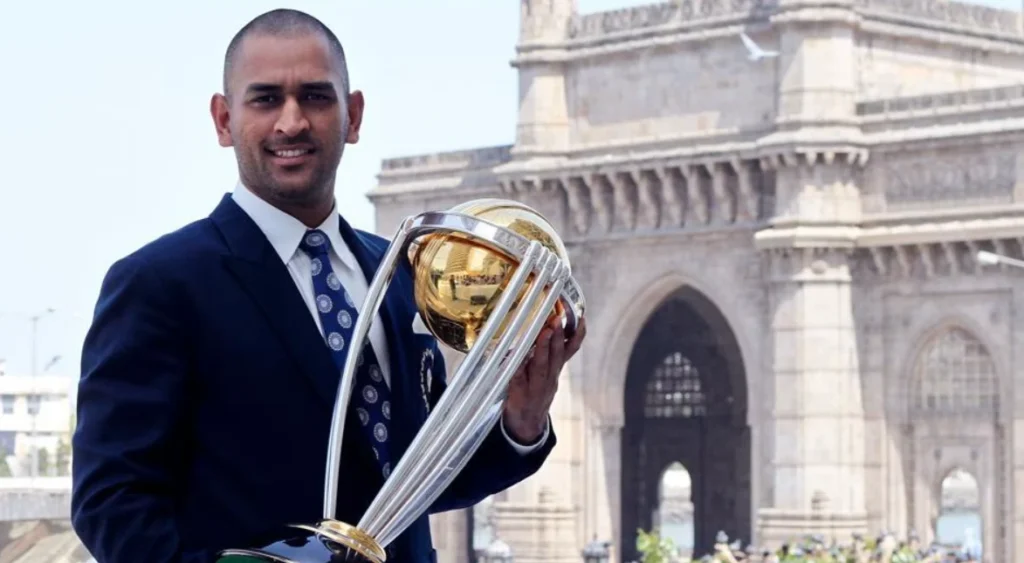 MS Dhoni with the 2011 ODI World Cup Trophy.