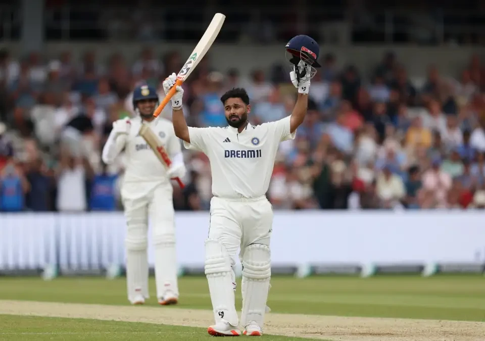 Rishab Pant celebrates his ton.