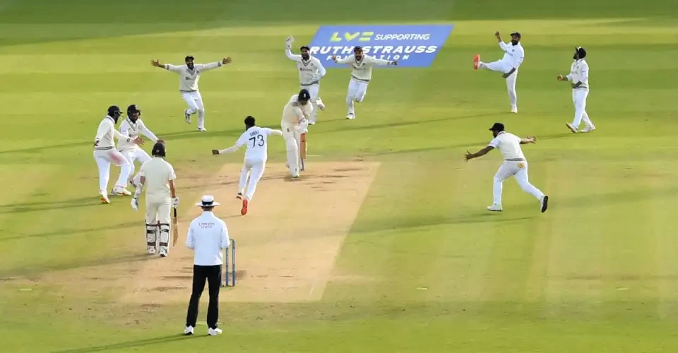 James Anderson is bowled by Mohammed Siraj.