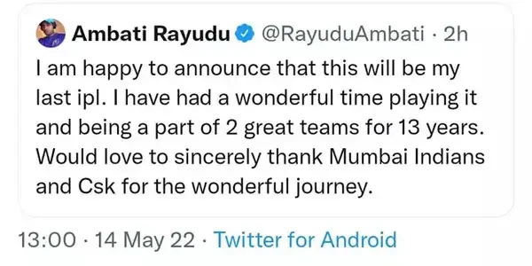 Ambati Rayudu’s retirement tweet, which was later deleted.