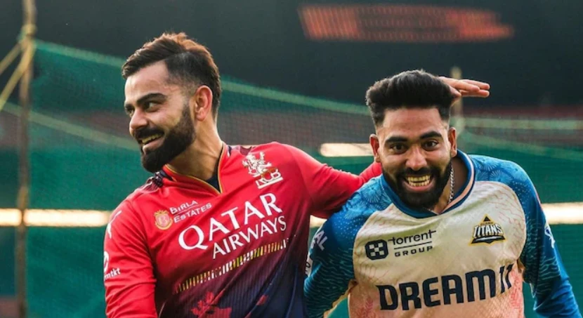 Virat Kohli with Mohammed Siraj in the IPL 2025.
