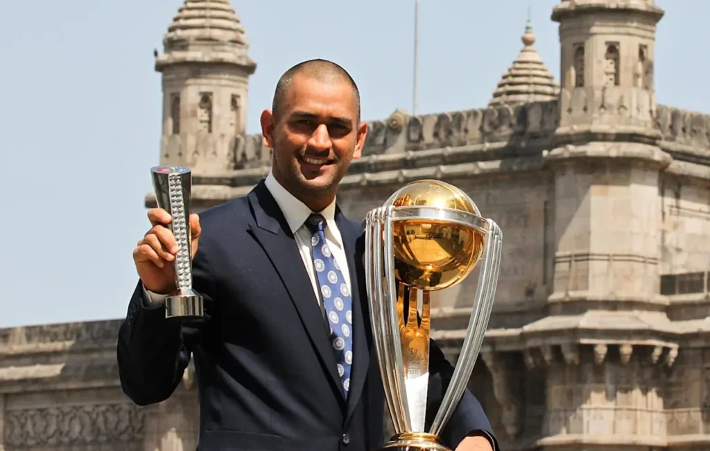 MS Dhoni with the ODI World Cup 2011 Trophy.
