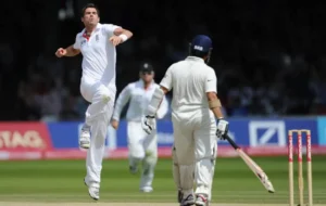 James Anderson celebrates after dismissing Sachin Tendulkar in the match.