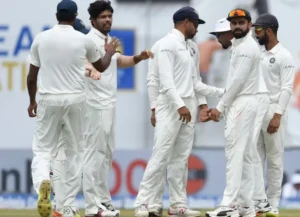 Indian team celebrating a wicket in the match against Sri Lanka.