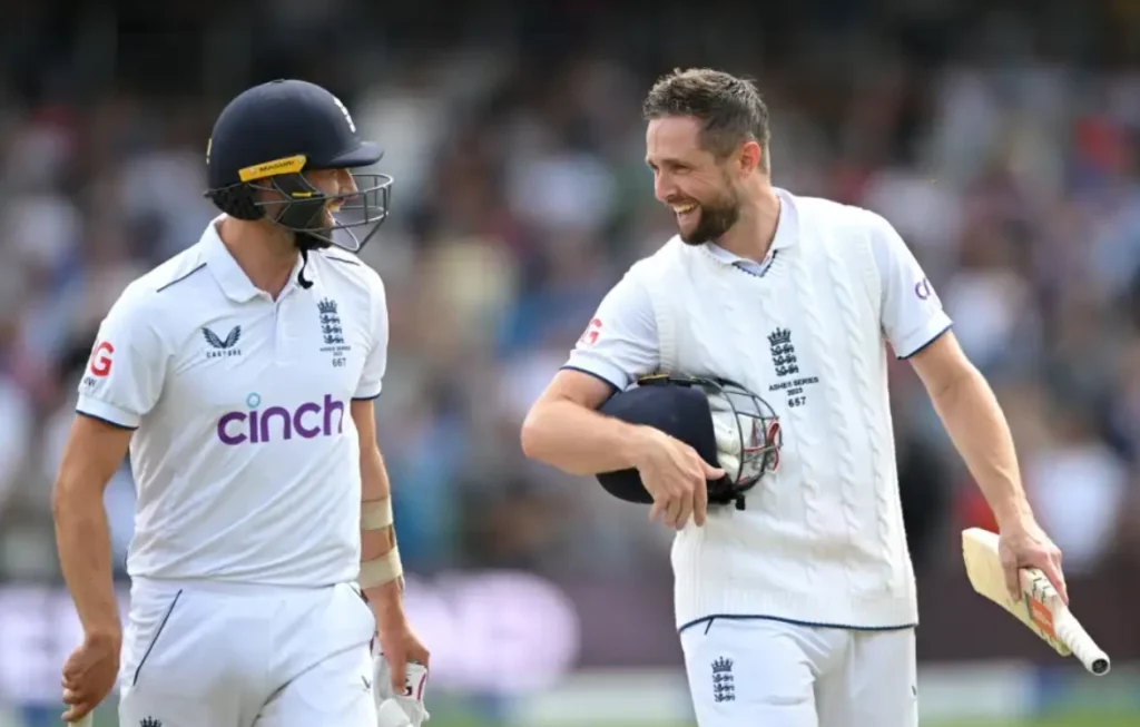 Mark Wood and Chris Woakes after winning the 3rd Test against Australia in 2023 Ashes.