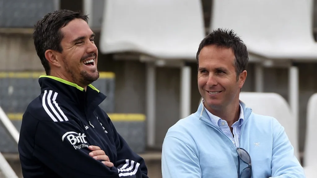 Kevin Pietersen and Michael Vaughan sharing a laugh.
