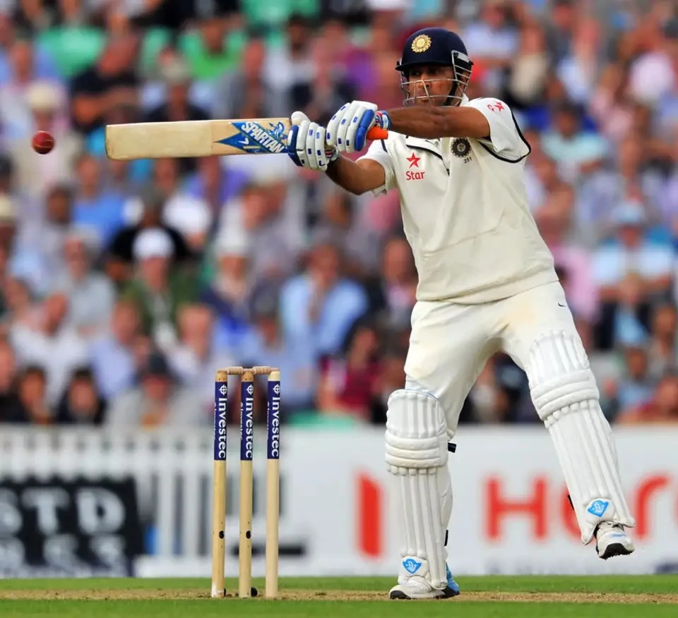 MS Dhoni cuts the ball fine on the off side.