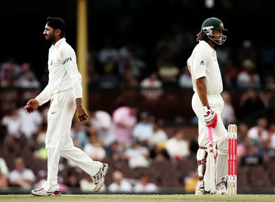 Harbhajan Singh and Andrew Symonds on the crease.