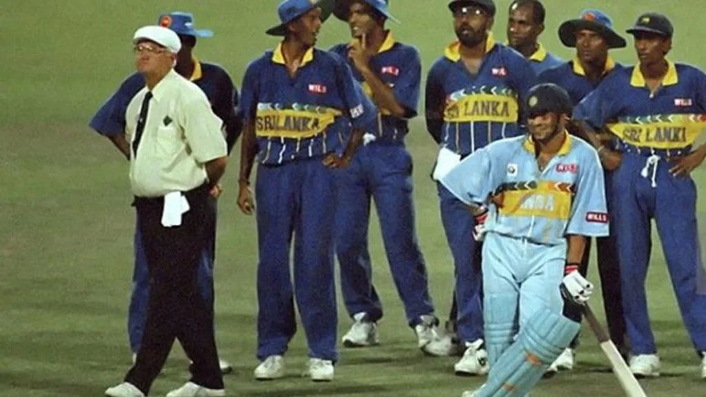 Sachin Tendulkar waiting for the new batsman to come to the crease.